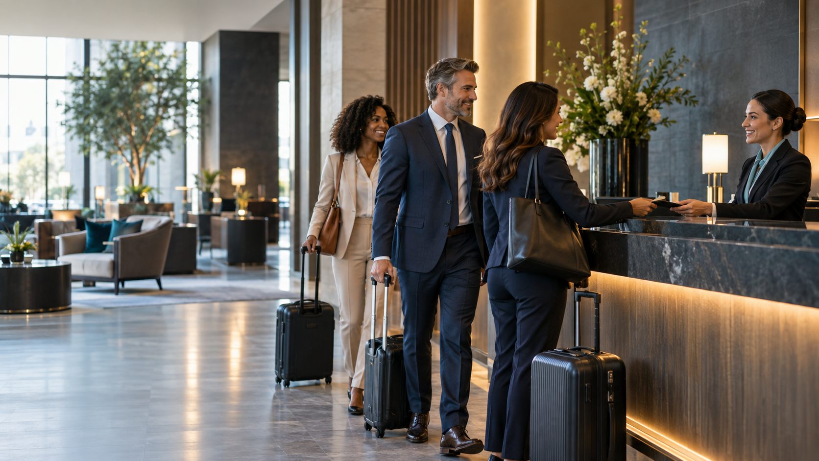 Upscale hotel front desk and guest arrival experience