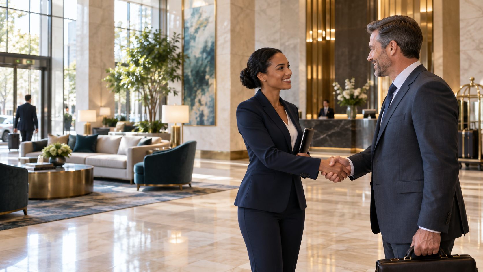 Hotel sales professional shaking hands with a business client