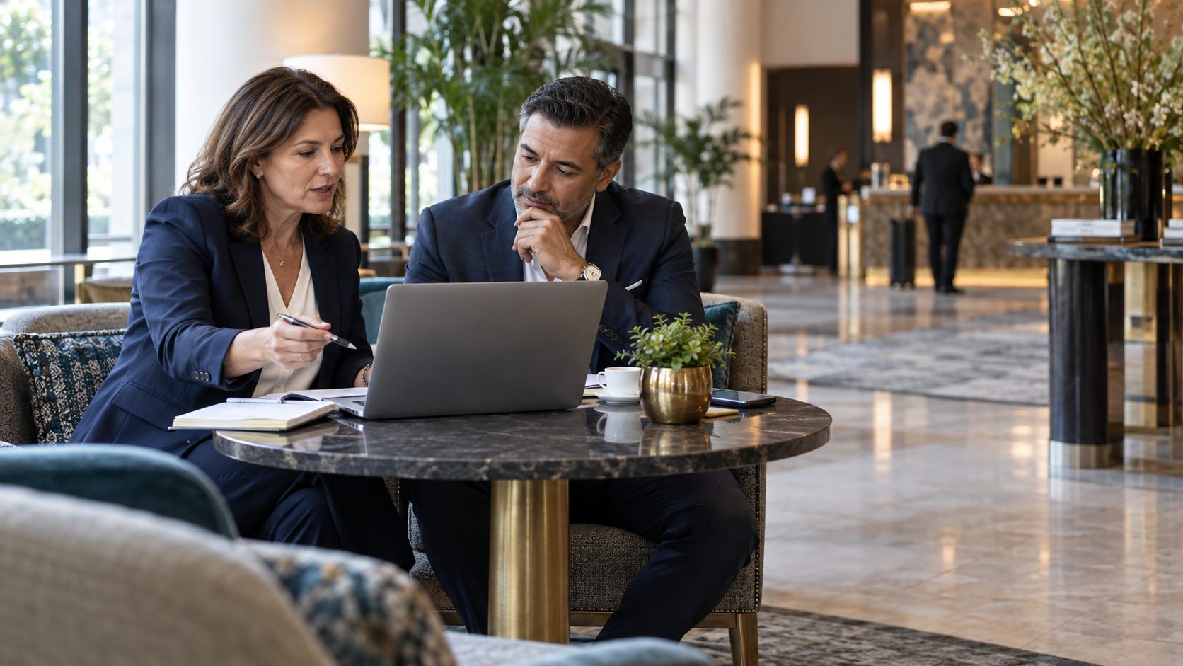 Hotel sales strategy team reviewing growth reports