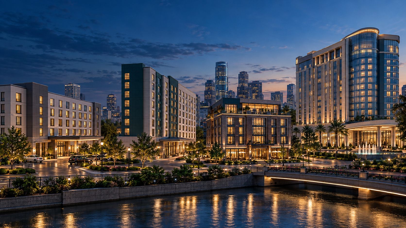 Hotels illuminated at dusk